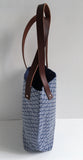 Sac bleu en toile / anses en cuir marron : Vague bleue